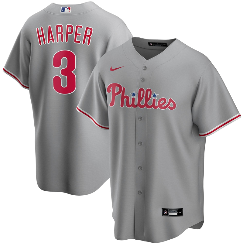 2020 MLB Men Philadelphia Phillies 3 Bryce Harper Nike Gray Road 2020 Replica Player Jersey 1